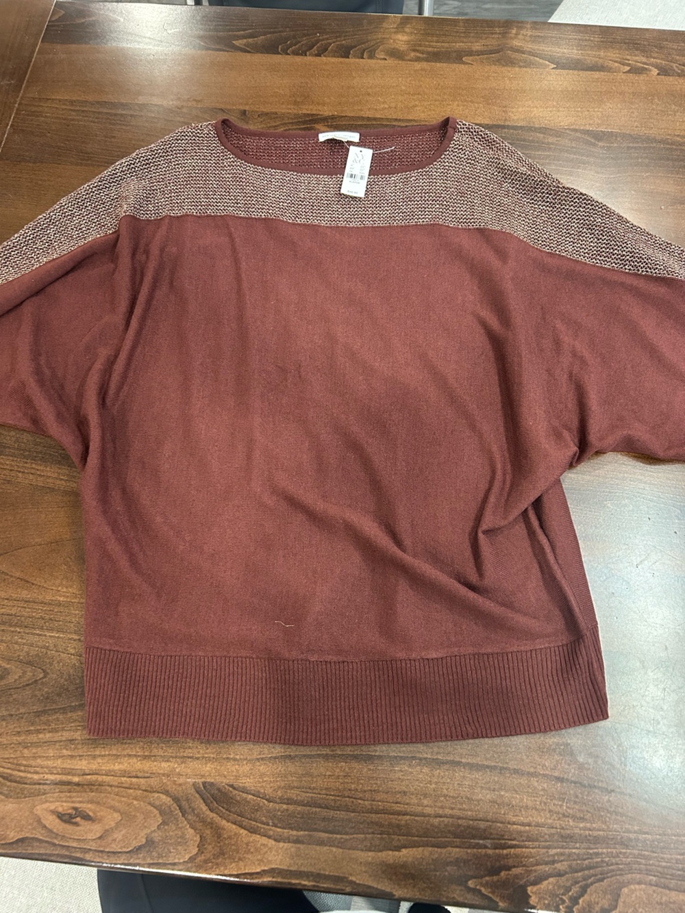 New York & Company Maroon Crewneck Sweater with Heathered Yoke